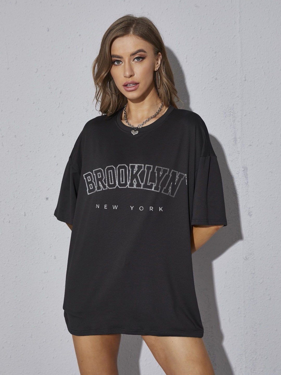 TRENDY RABBIT Women People and Places Round Neck Cotton Oversized T-shirt, Black