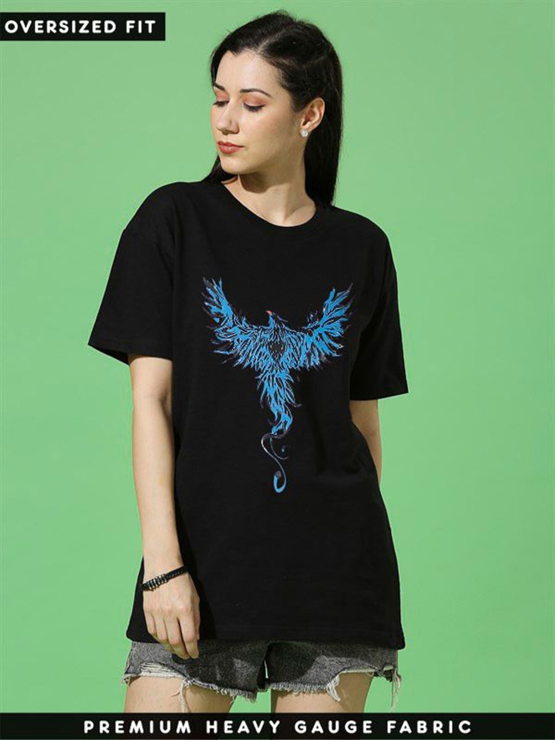 

TRENDY RABBIT Women Graphic Printed Oversized Round Neck T-shirt, Black