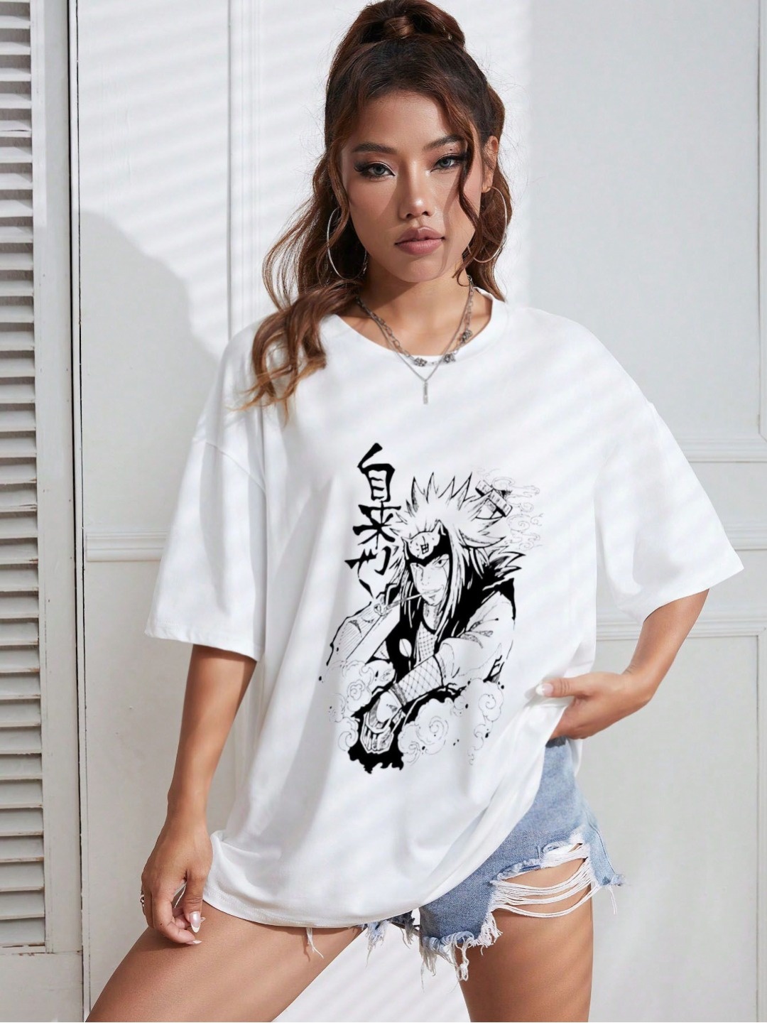 

TRENDY RABBIT Women Graphic Anime Printed Round Neck Cotton Oversized T-shirt, White