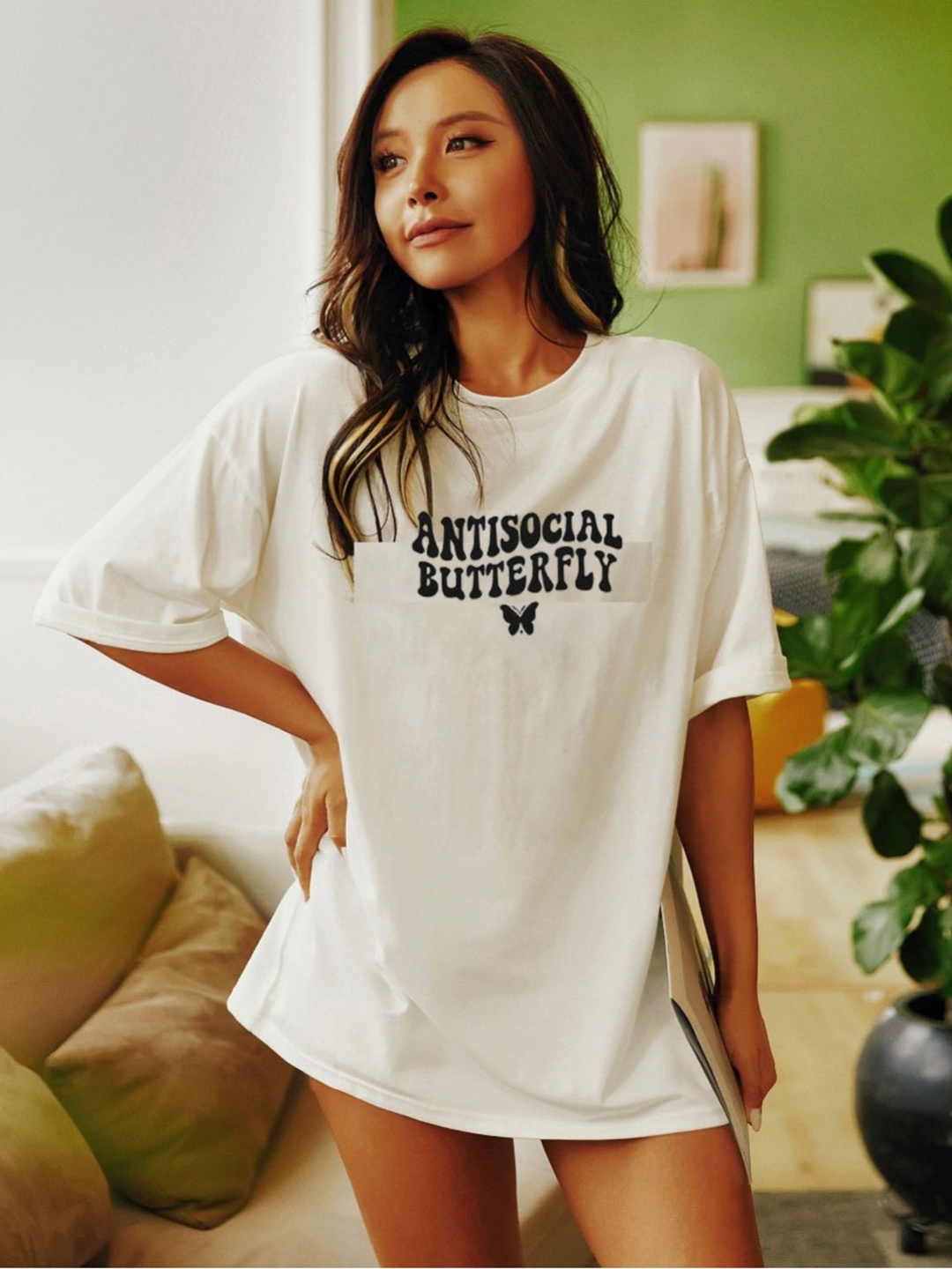 TRENDY RABBIT Women People and Places Printed Round Neck Cotton Oversized T-shirt, White