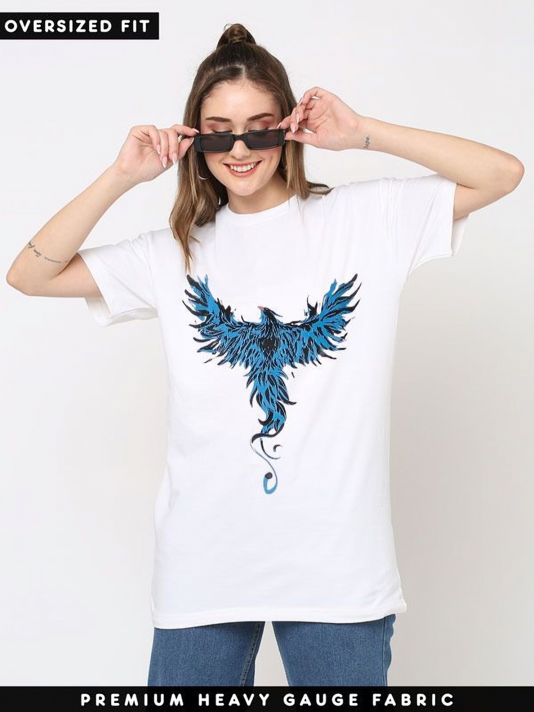 

TRENDY RABBIT Women Graphic Printed Round Neck Cotton Oversized T-shirt, White