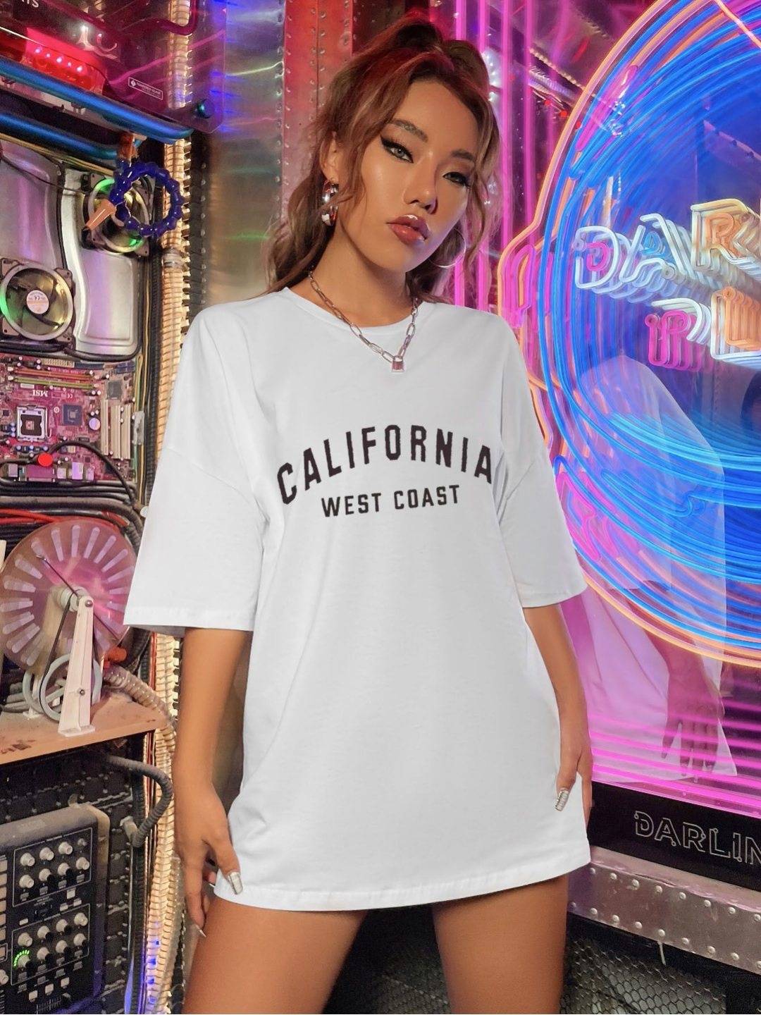 

TRENDY RABBIT Women Graphic Printed Round Neck Cotton Oversized T-shirt, White