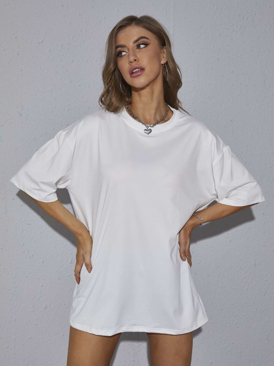 

TRENDY RABBIT Women Solid Round Neck Cotton Oversized T-shirt, White