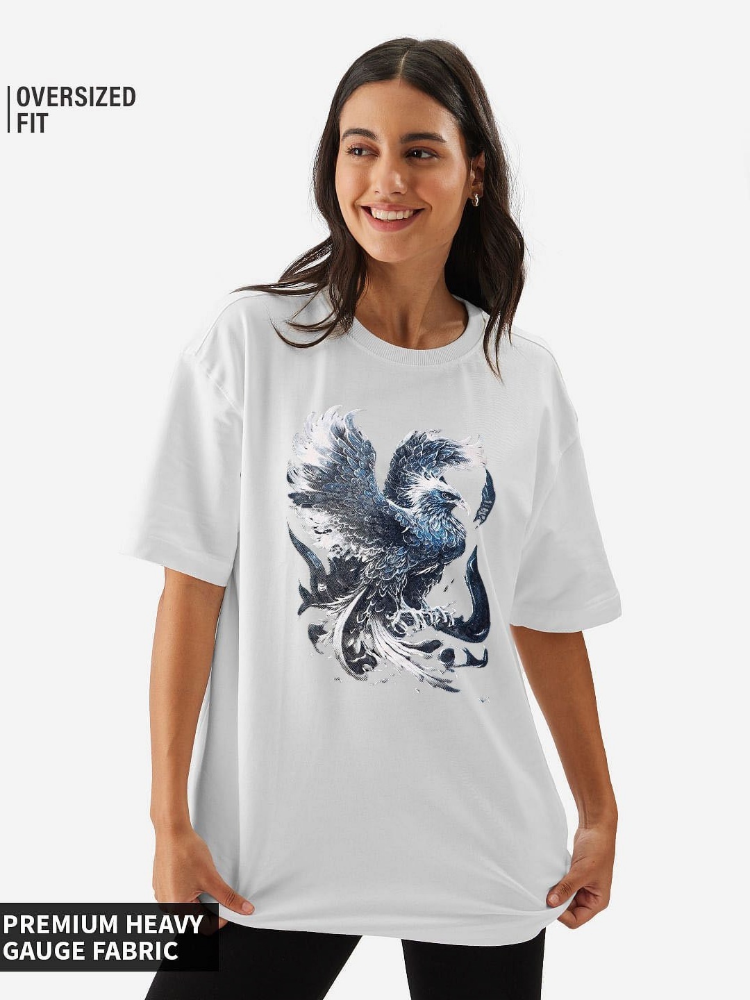 

TRENDY RABBIT Women Graphic Printed Round Neck Cotton Oversized T-shirt, White