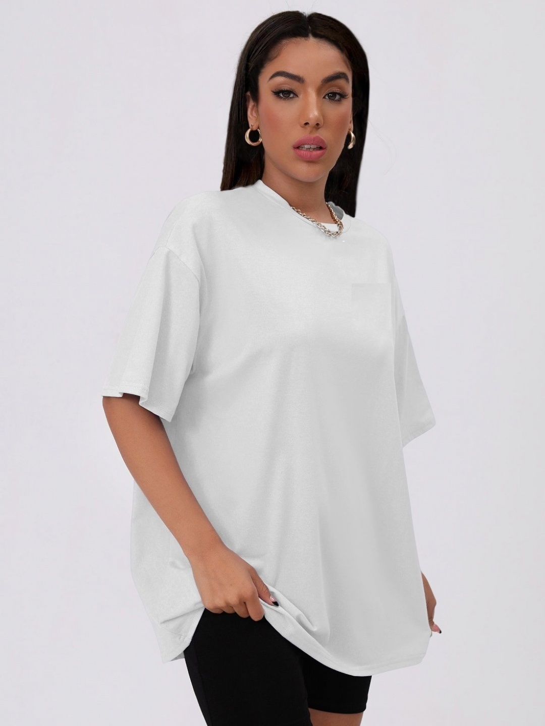 

TRENDY RABBIT Women Solid Round Neck Cotton Oversized T-shirt, White