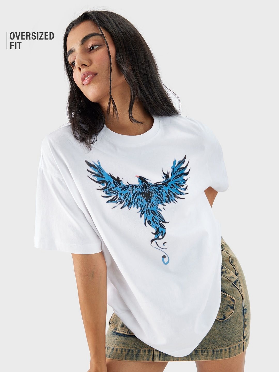 

TRENDY RABBIT Women Graphic Printed Round Neck Cotton Oversized T-shirt, White