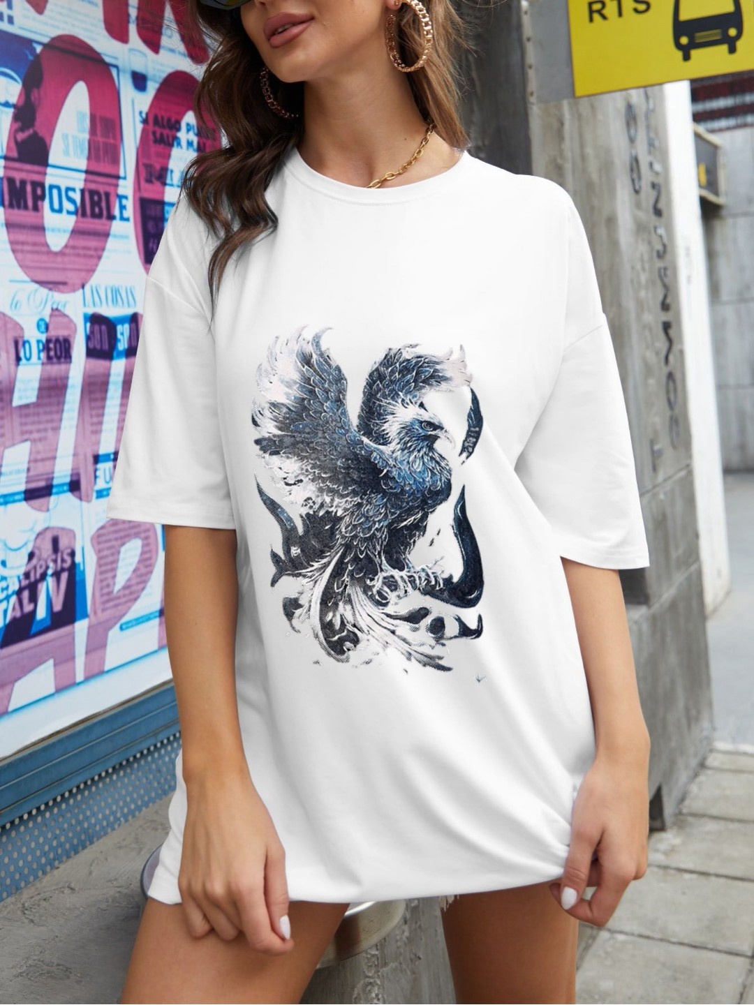 

TRENDY RABBIT Women Graphic Printed Round Neck Cotton Oversized T-shirt, White