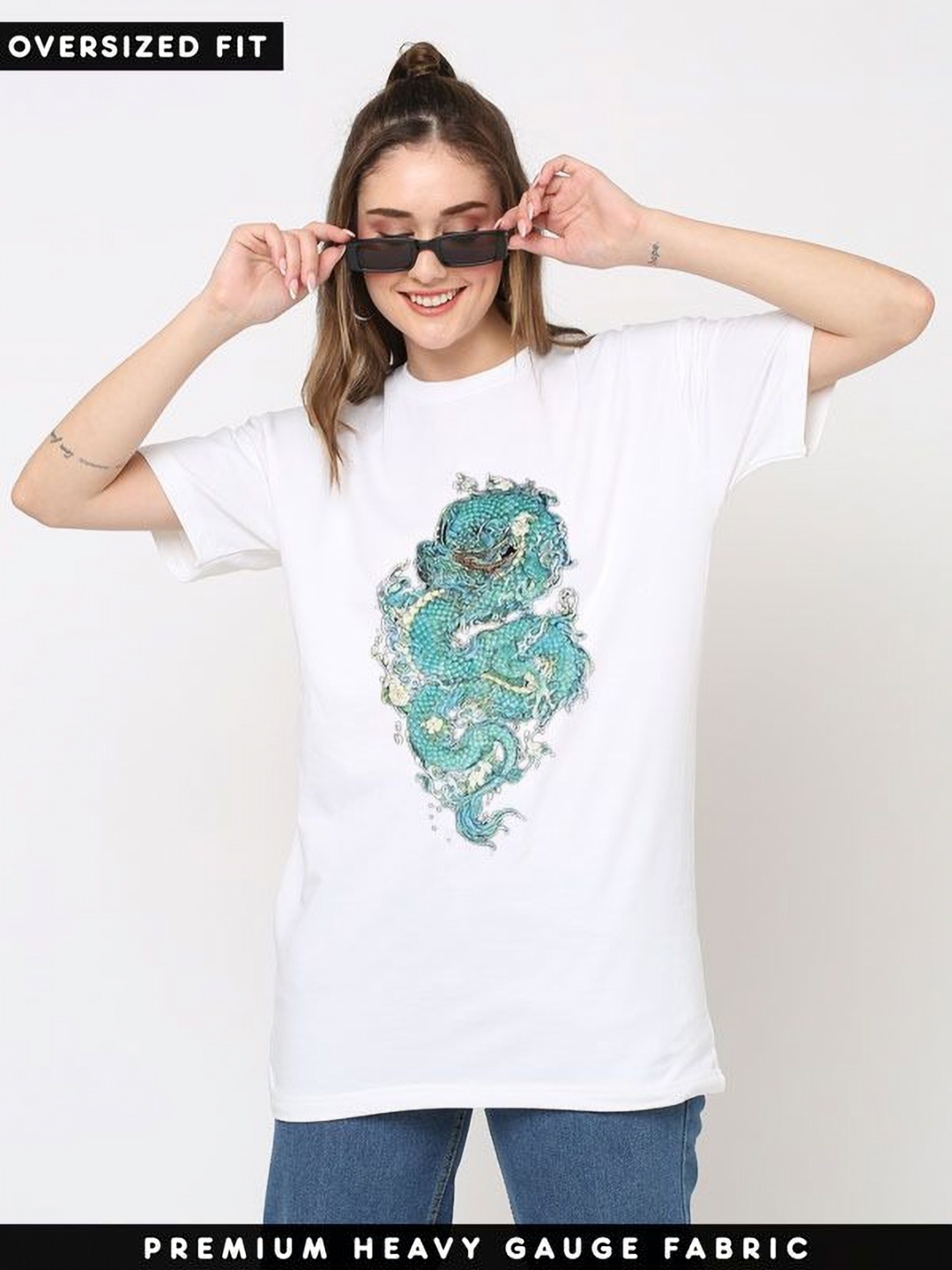 

TRENDY RABBIT Women Graphic Printed Round Neck Cotton Oversized T-shirt, White