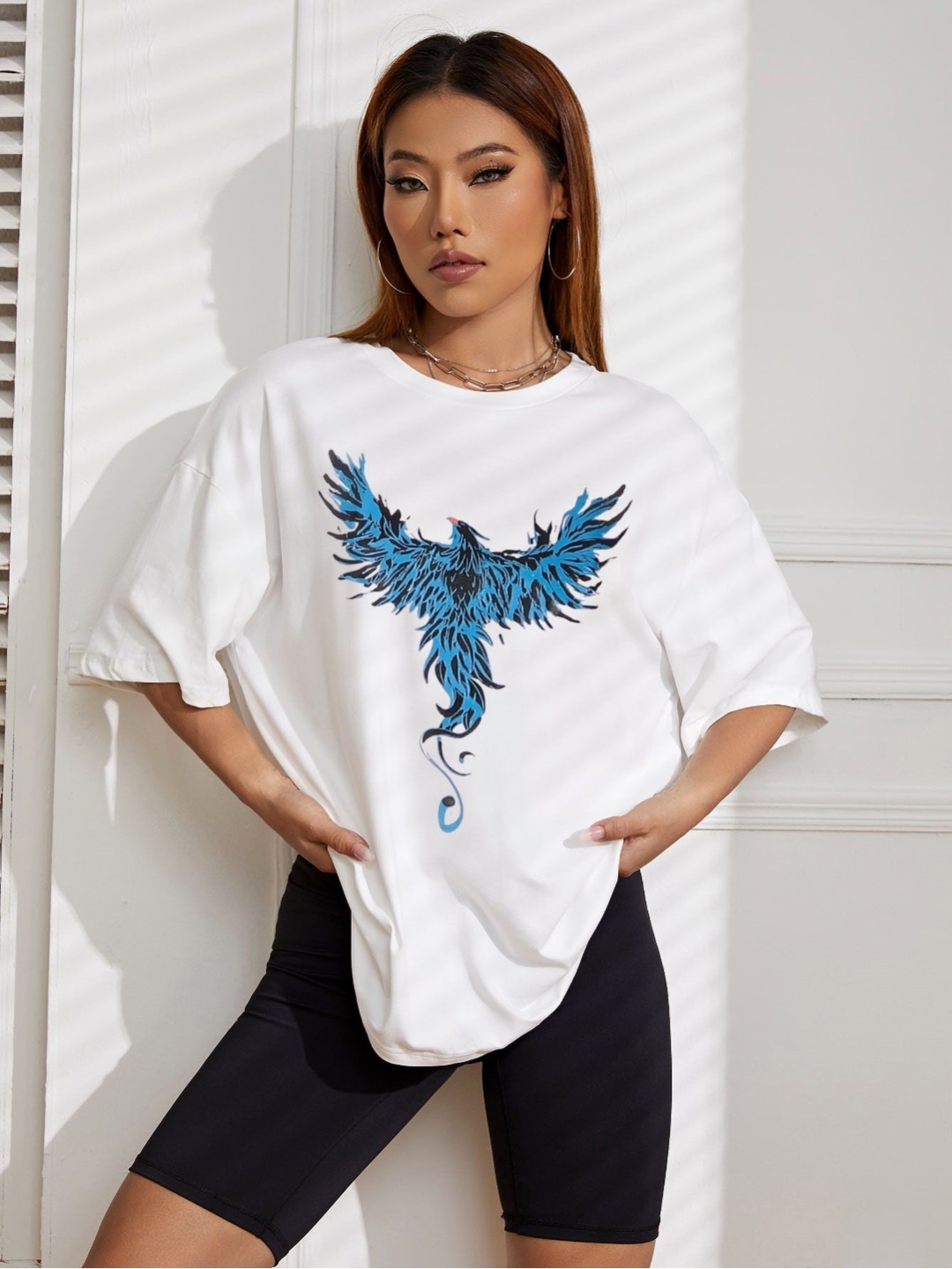 

TRENDY RABBIT Women Graphic Printed Round Neck Cotton Oversized T-shirt, White