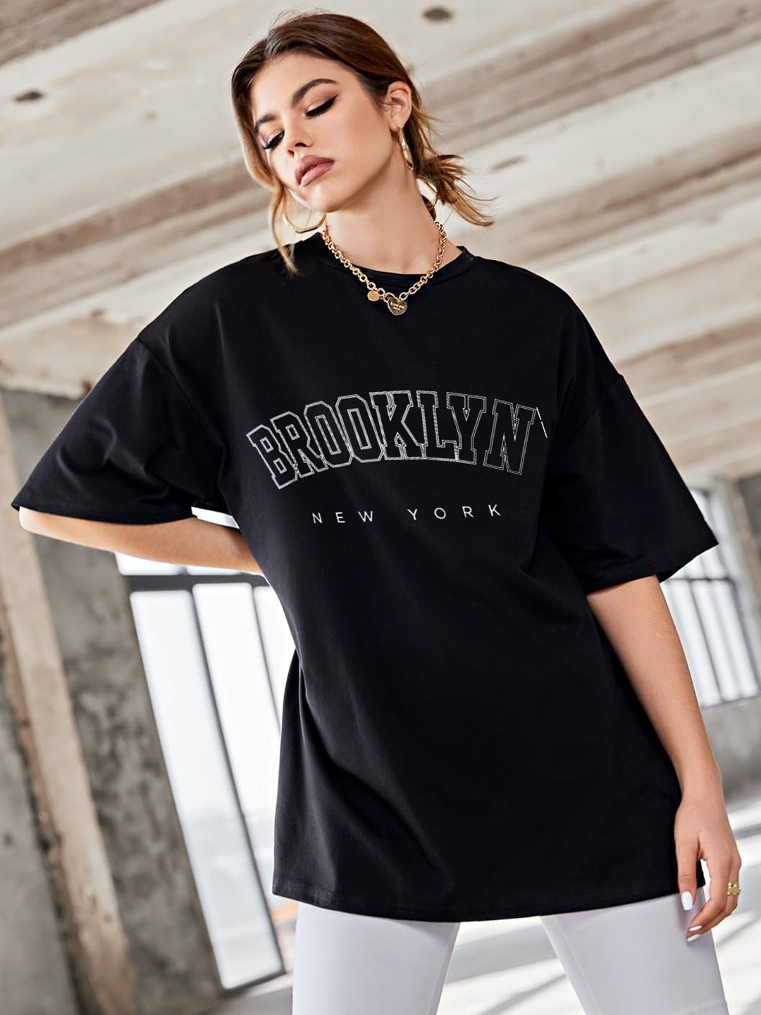 TRENDY RABBIT Women People and Places Round Neck Cotton Oversized T-shirt, Black