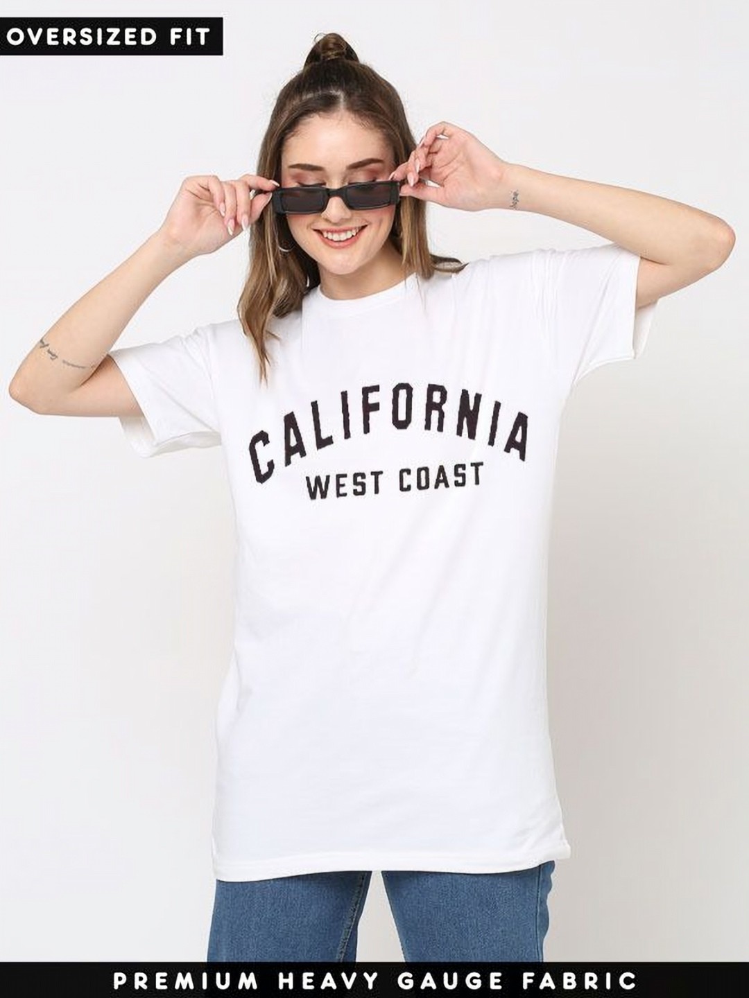 TRENDY RABBIT Women Typography Printed Round Neck Cotton Oversized T-shirt, White