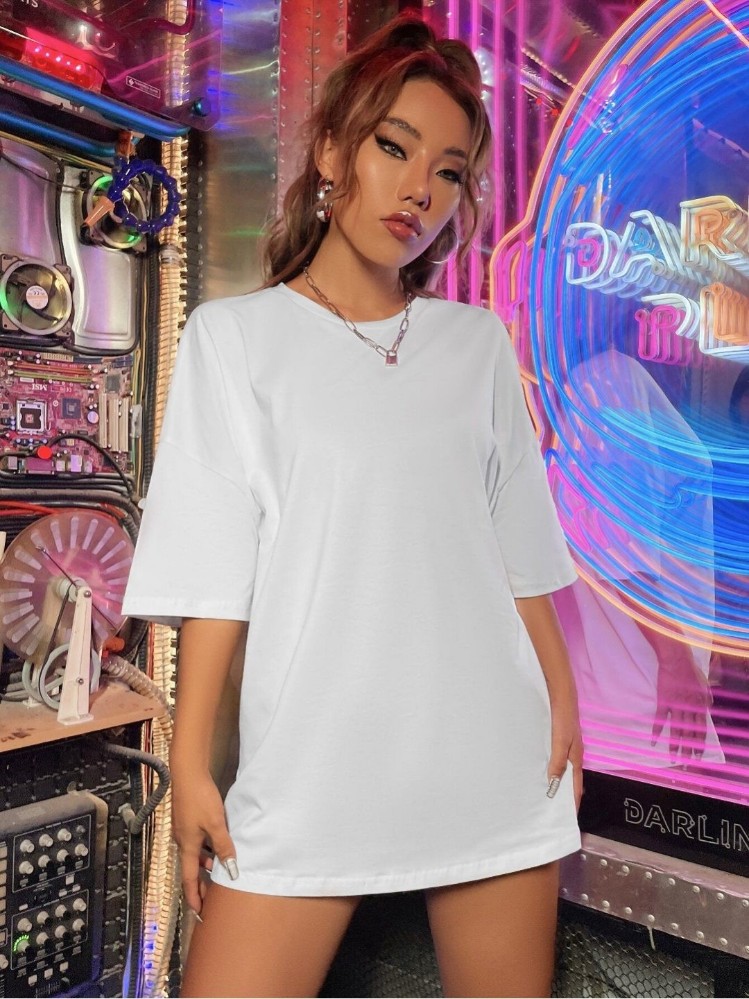

TRENDY RABBIT Women Printed Round Neck Cotton Oversized T-shirt, White