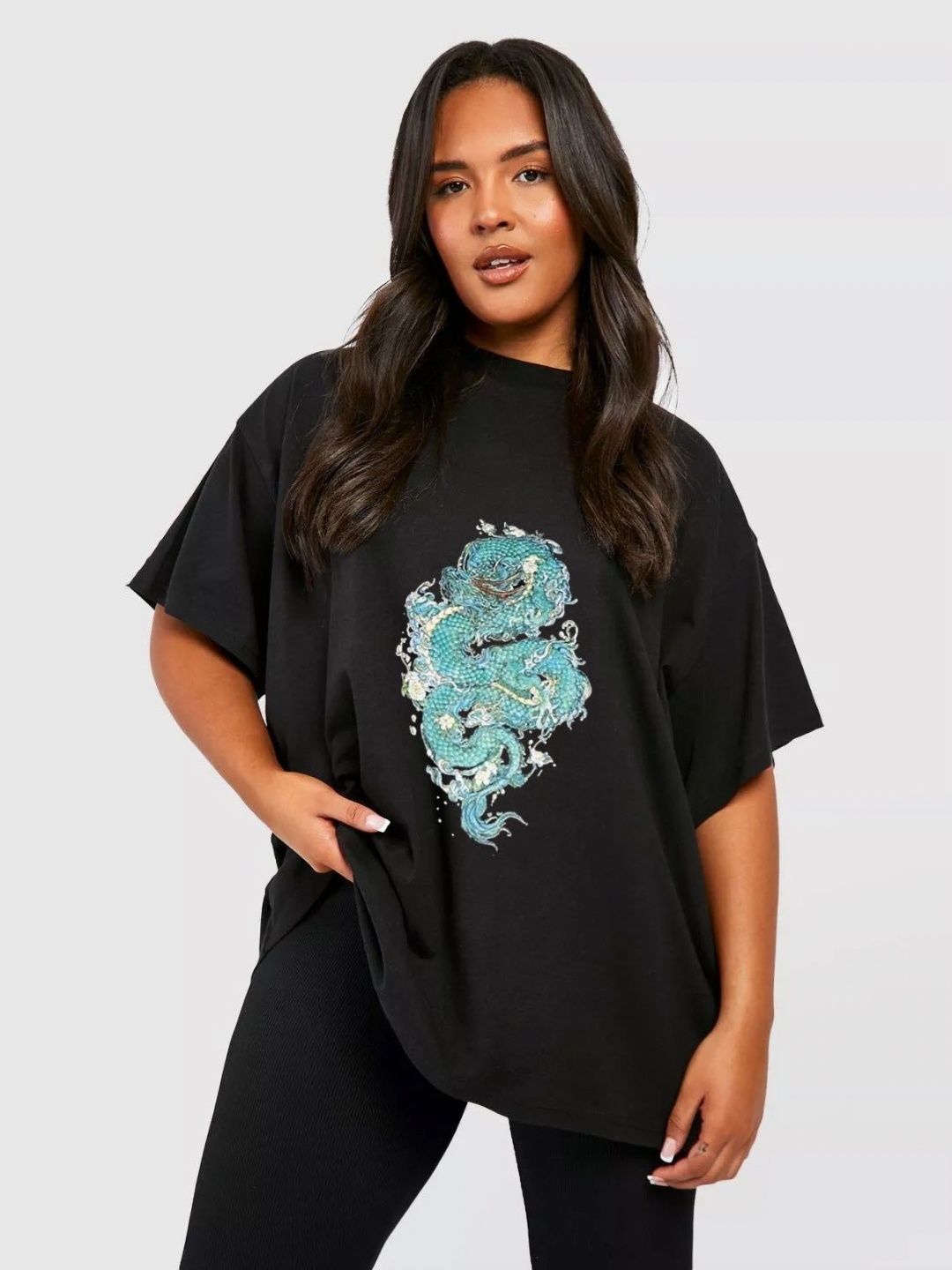 

TRENDY RABBIT Women Graphic Printed Round Neck Cotton Oversized T-shirt, Black