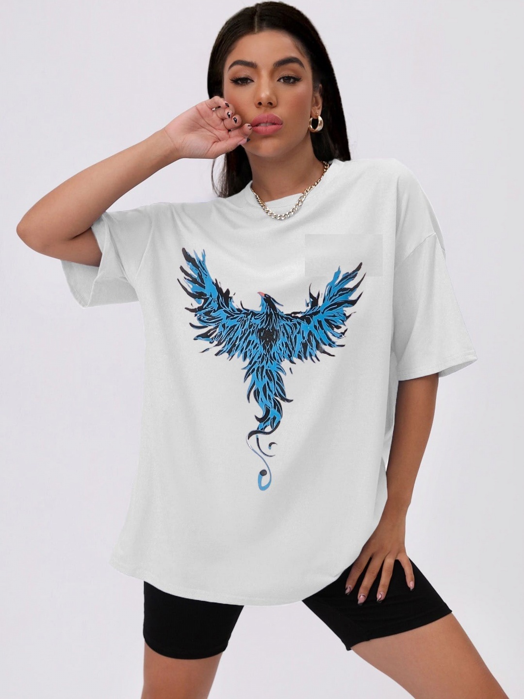 

TRENDY RABBIT Women Graphic Printed Round Neck Cotton Oversized T-shirt, White