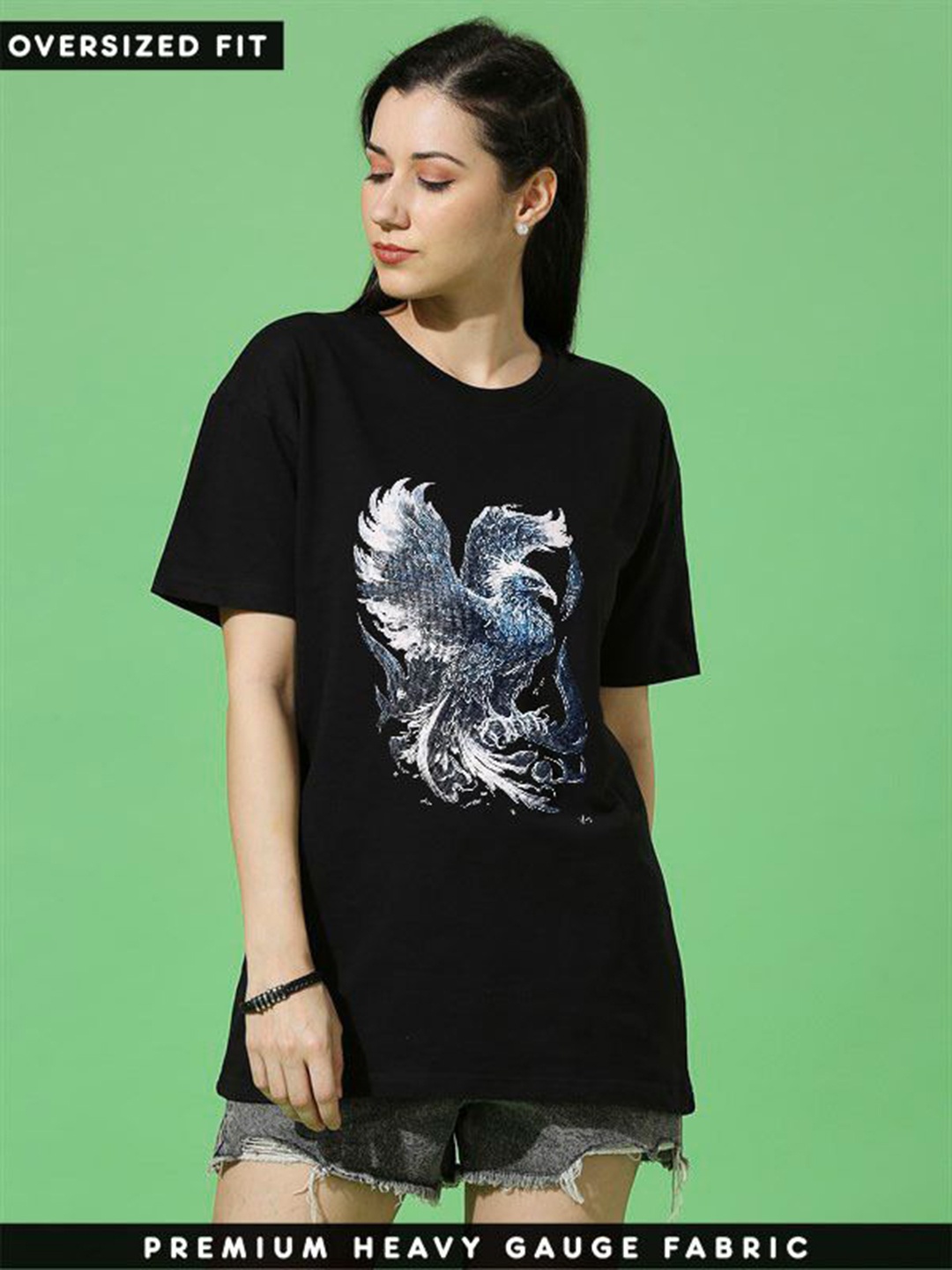 

TRENDY RABBIT Women Graphic Printed Round Neck Cotton Oversized T-shirt, Black
