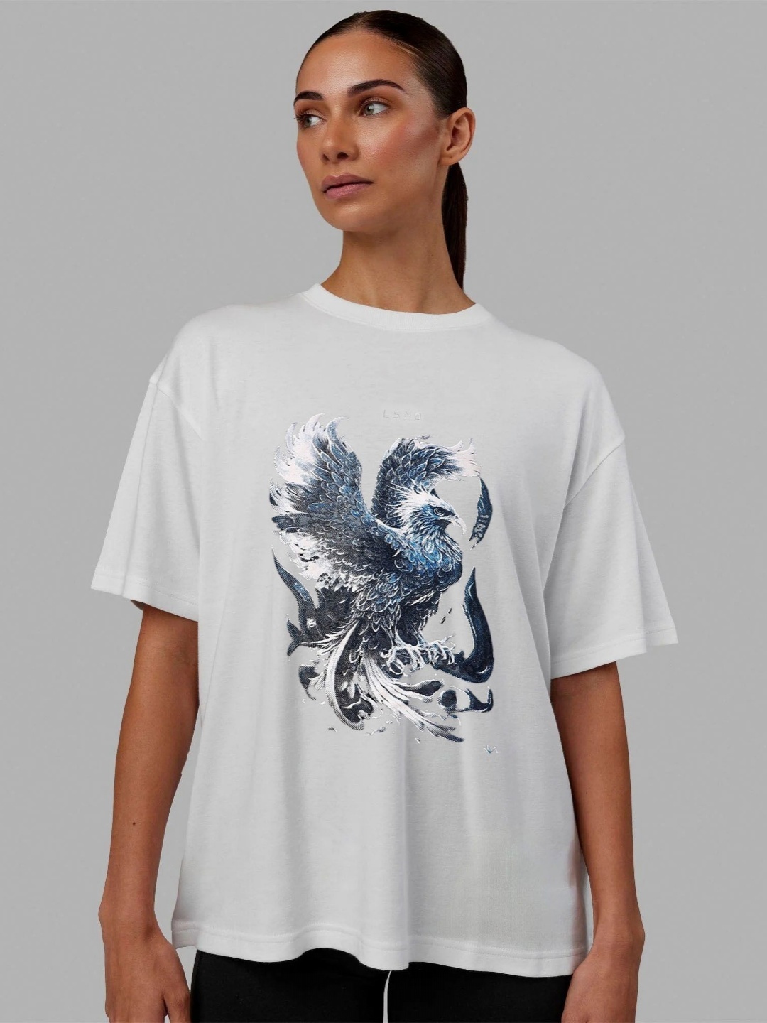 

TRENDY RABBIT Women Graphic Printed Round Neck Cotton Oversized T-shirt, White