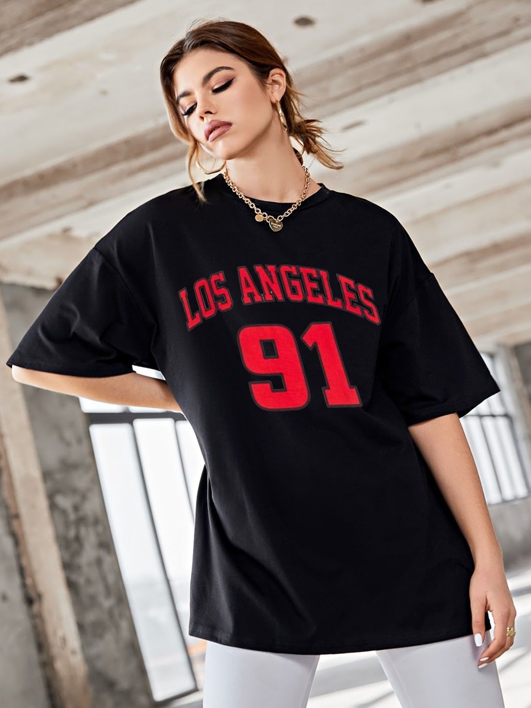 TRENDY RABBIT Women Varsity Printed Round Neck Cotton Oversized T-shirt, Black