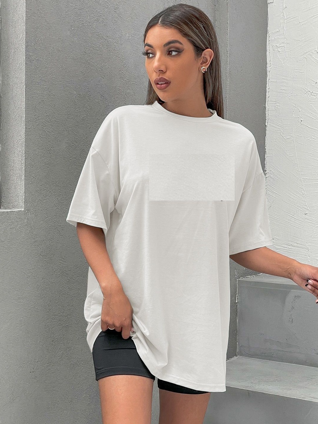 

TRENDY RABBIT Women Solid Round Neck Cotton Oversized T-shirt, White