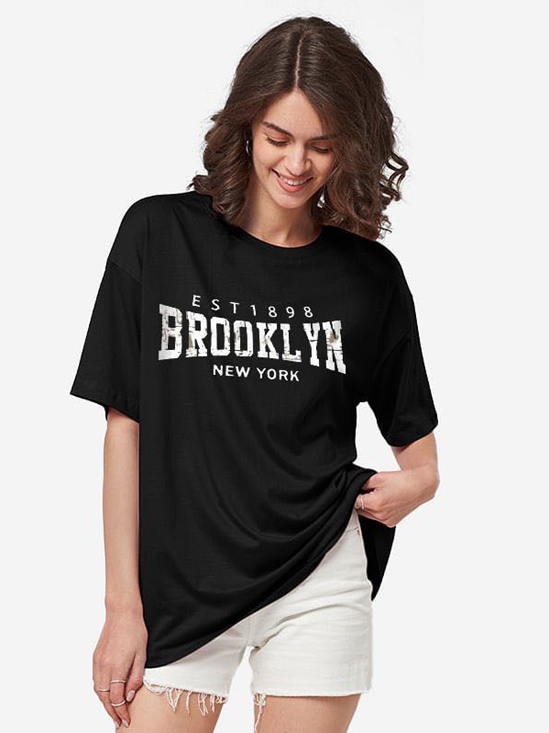 

TRENDY RABBIT Women Typography Printed Applique T-shirt, Black