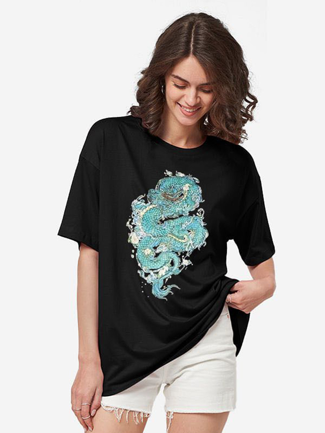 

TRENDY RABBIT Women Typography Printed Applique T-shirt, Black