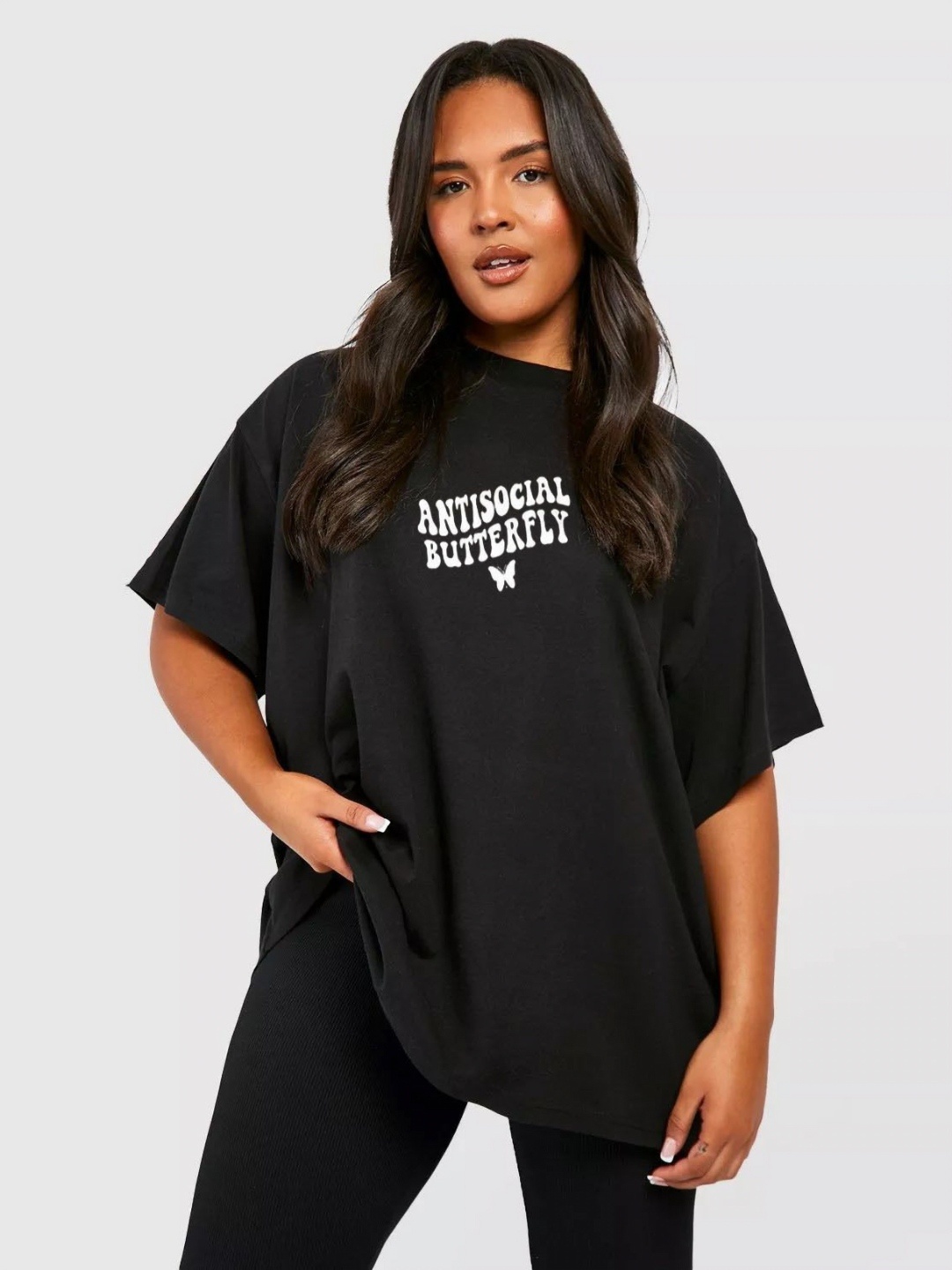 

TRENDY RABBIT Women People and Places Printed Round Neck Cotton Oversized T-shirt, Black