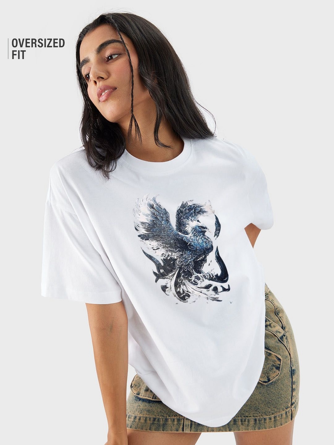 

TRENDY RABBIT Women Graphic Printed Round Neck Cotton Oversized T-shirt, White