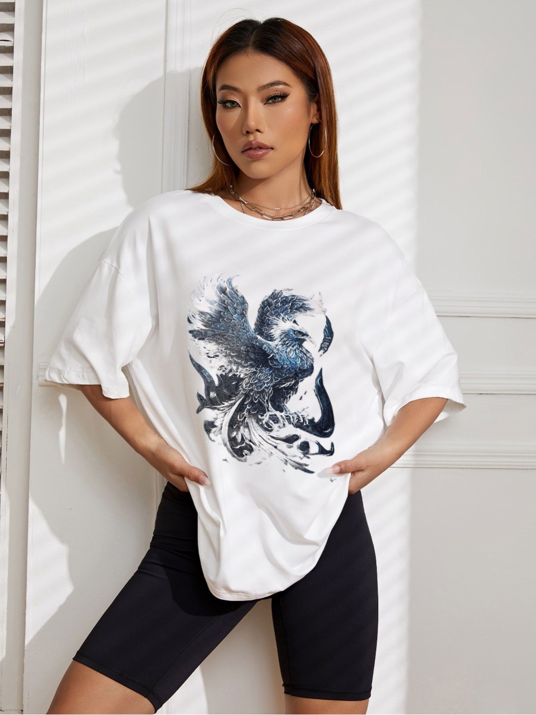 

TRENDY RABBIT Women Graphic Printed Round Neck Cotton Oversized T-shirt, White