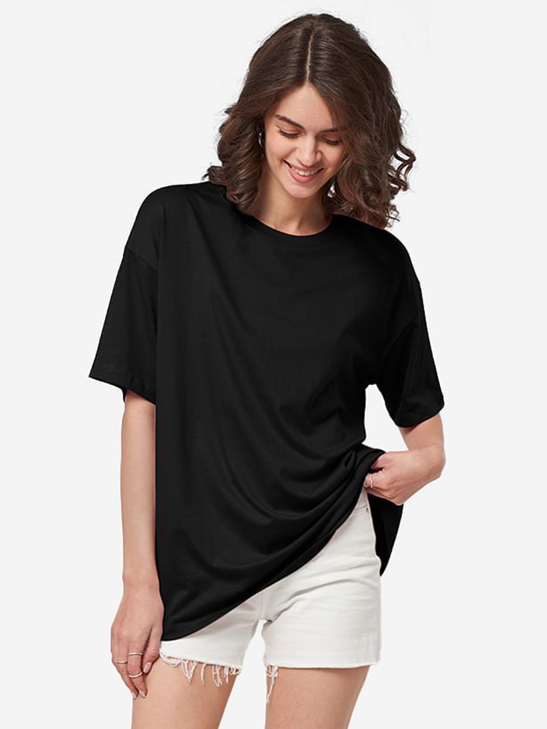 

TRENDY RABBIT Women Solid Round Neck Cotton Oversized T-shirt, Black