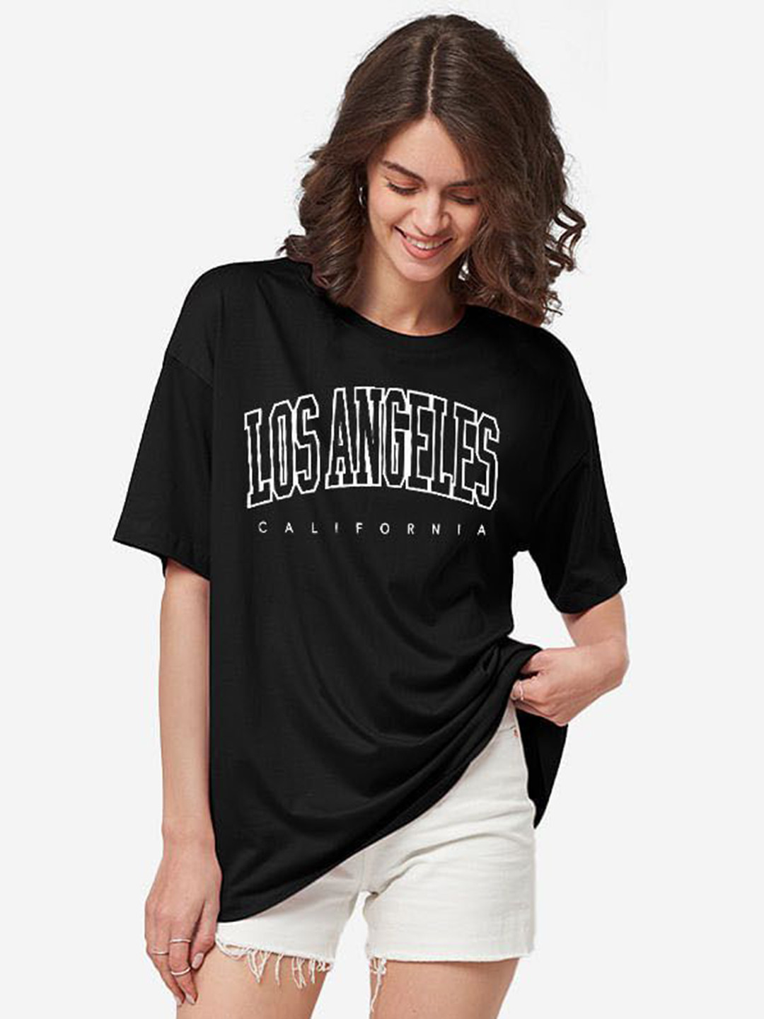 

TRENDY RABBIT Women People and Places Printed Round Neck Cotton Oversized T-shirt, Black