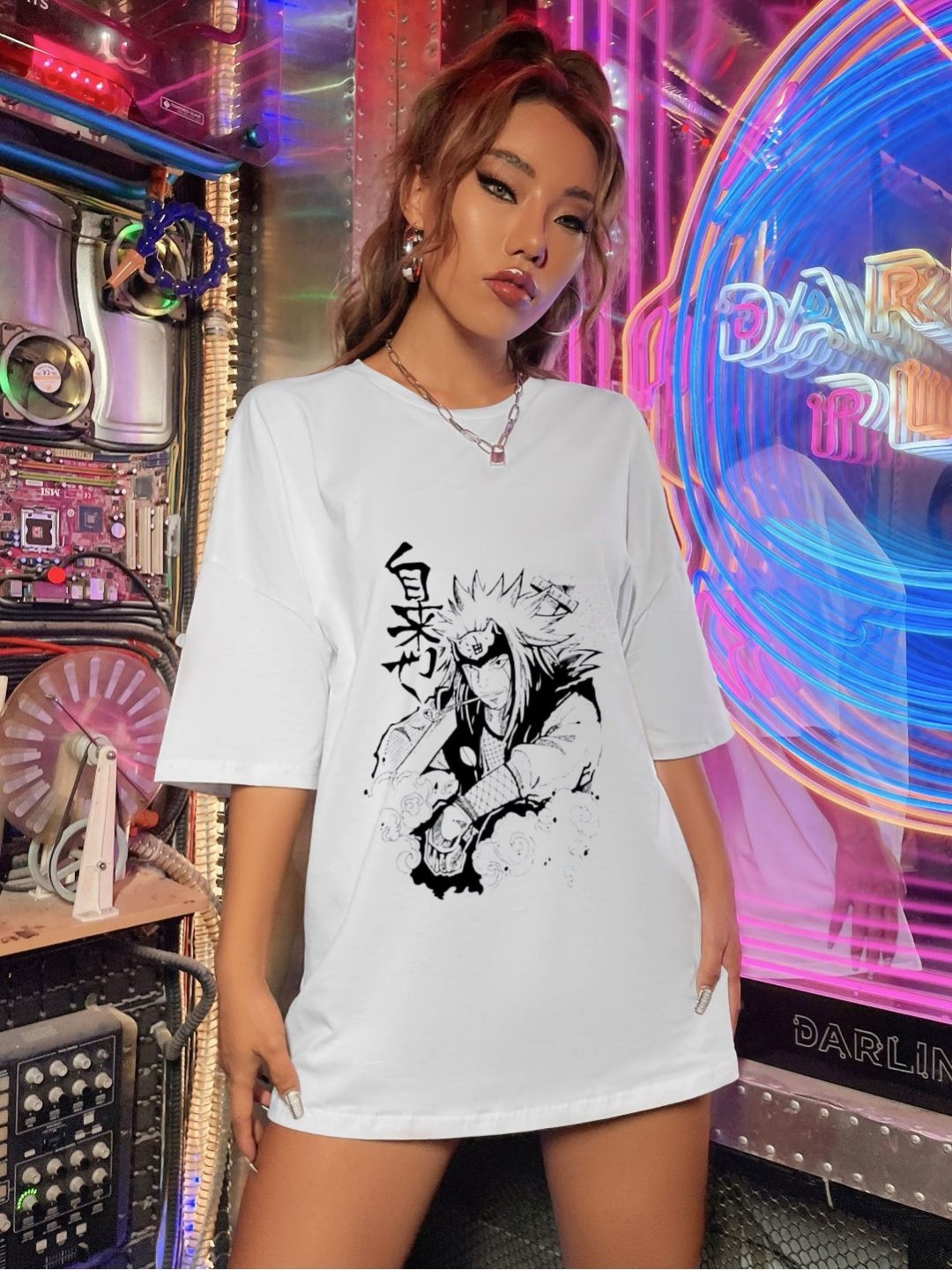 

TRENDY RABBIT Anime Printed Round Neck Cotton Oversized T-shirt, White