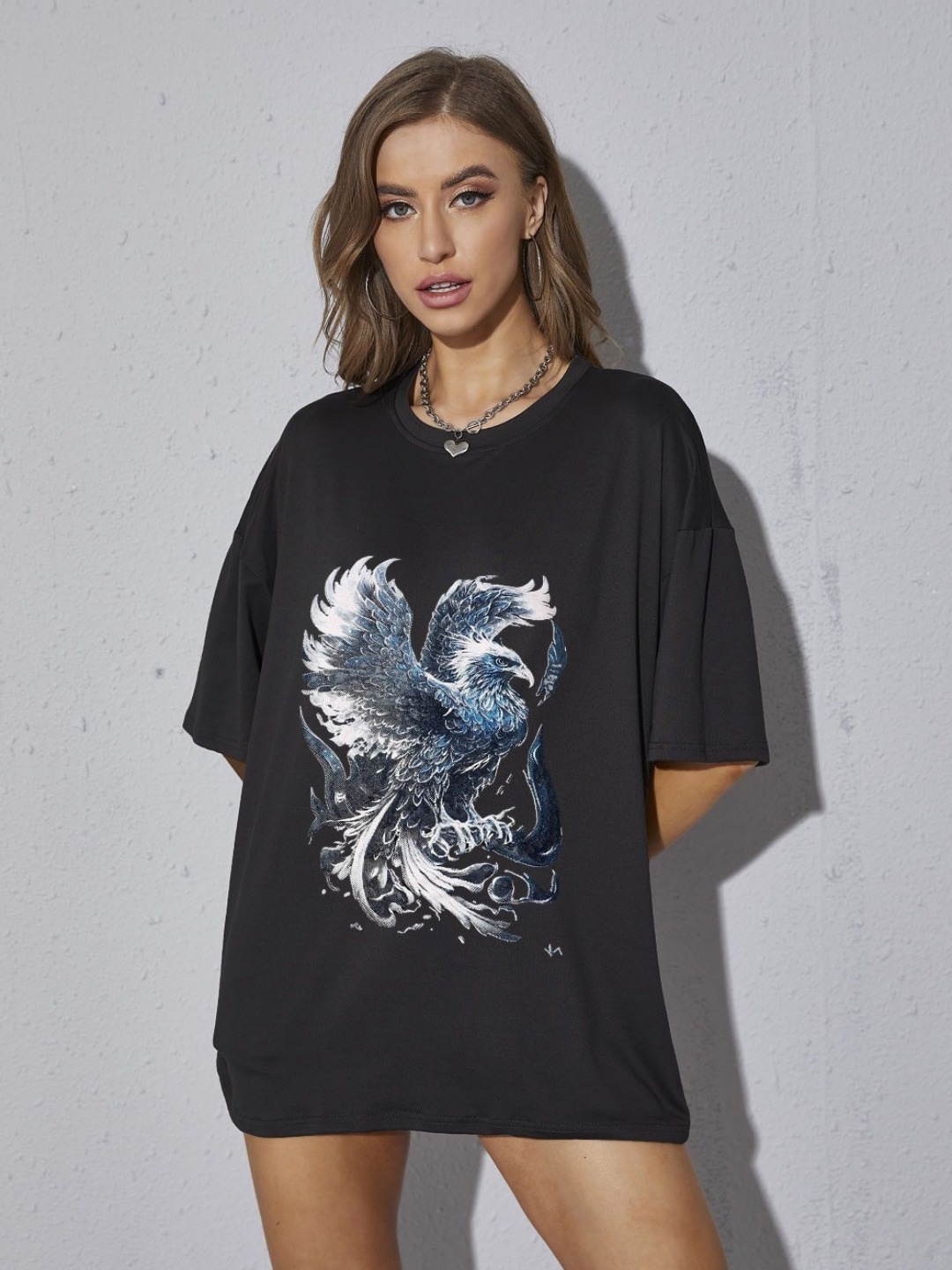 

TRENDY RABBIT Women Graphic Printed Round Neck Cotton Oversized T-shirt, Black