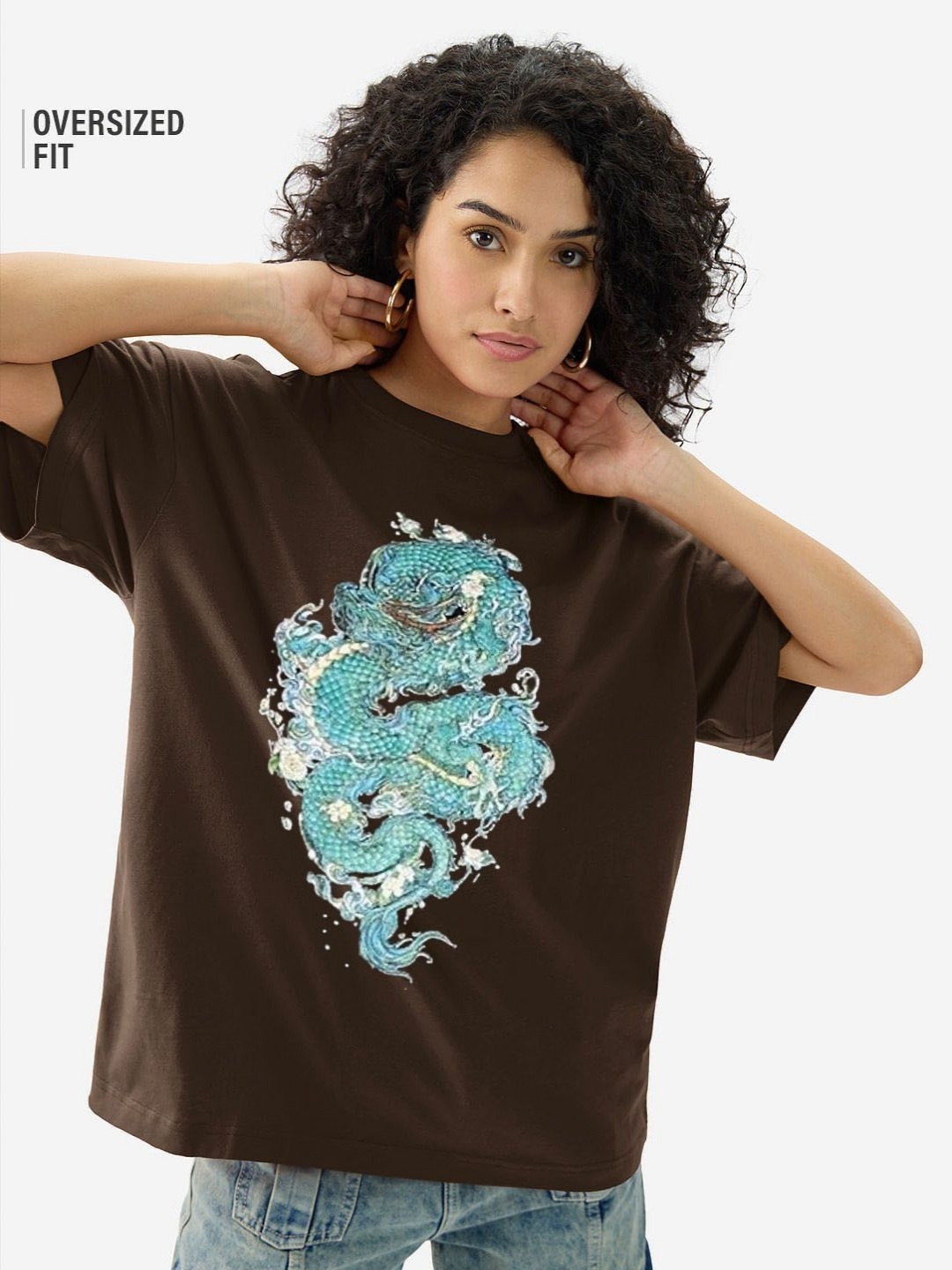 

TRENDY RABBIT Women Graphic Printed Round Neck Cotton Oversized T-shirt, Coffee brown
