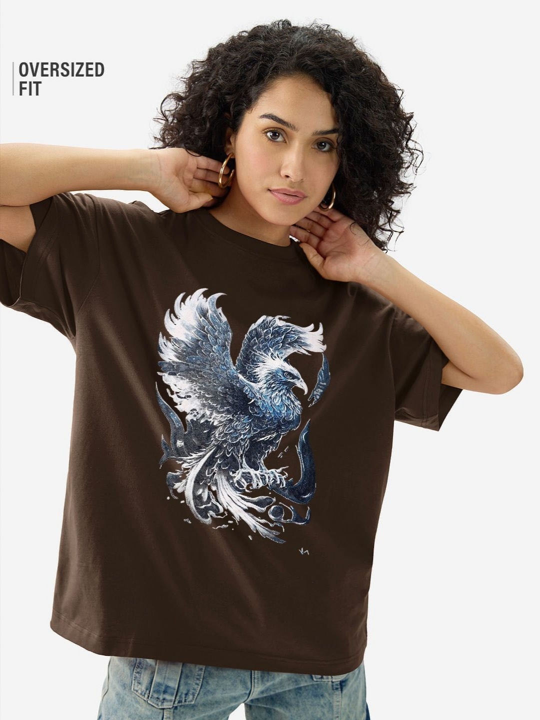 

TRENDY RABBIT Women Printed Raw Edge T-shirt, Coffee brown