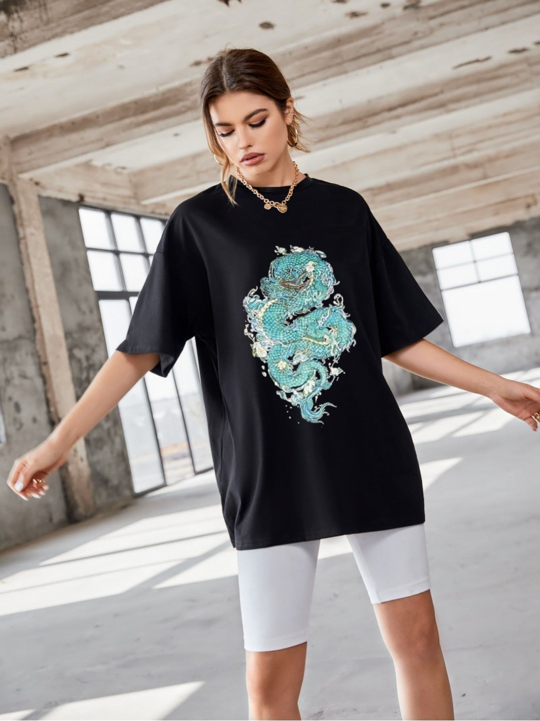 

TRENDY RABBIT Women Graphic Printed Round Neck Cotton Oversized T-shirt, Black