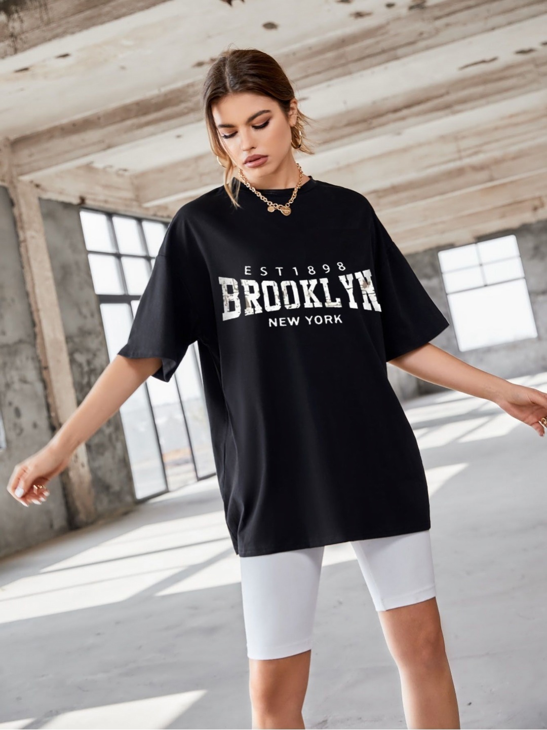 

TRENDY RABBIT Women People and Places Round Neck Cotton Oversized T-shirt, Black