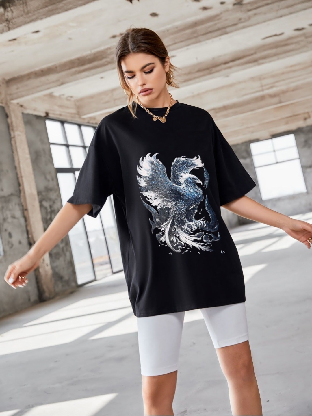 

TRENDY RABBIT Women Graphic Printed Round Neck Cotton Oversized T-shirt, Black