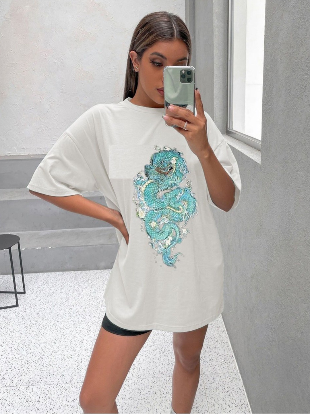 

TRENDY RABBIT Women Graphic Printed Round Neck Cotton Oversized T-shirt, White