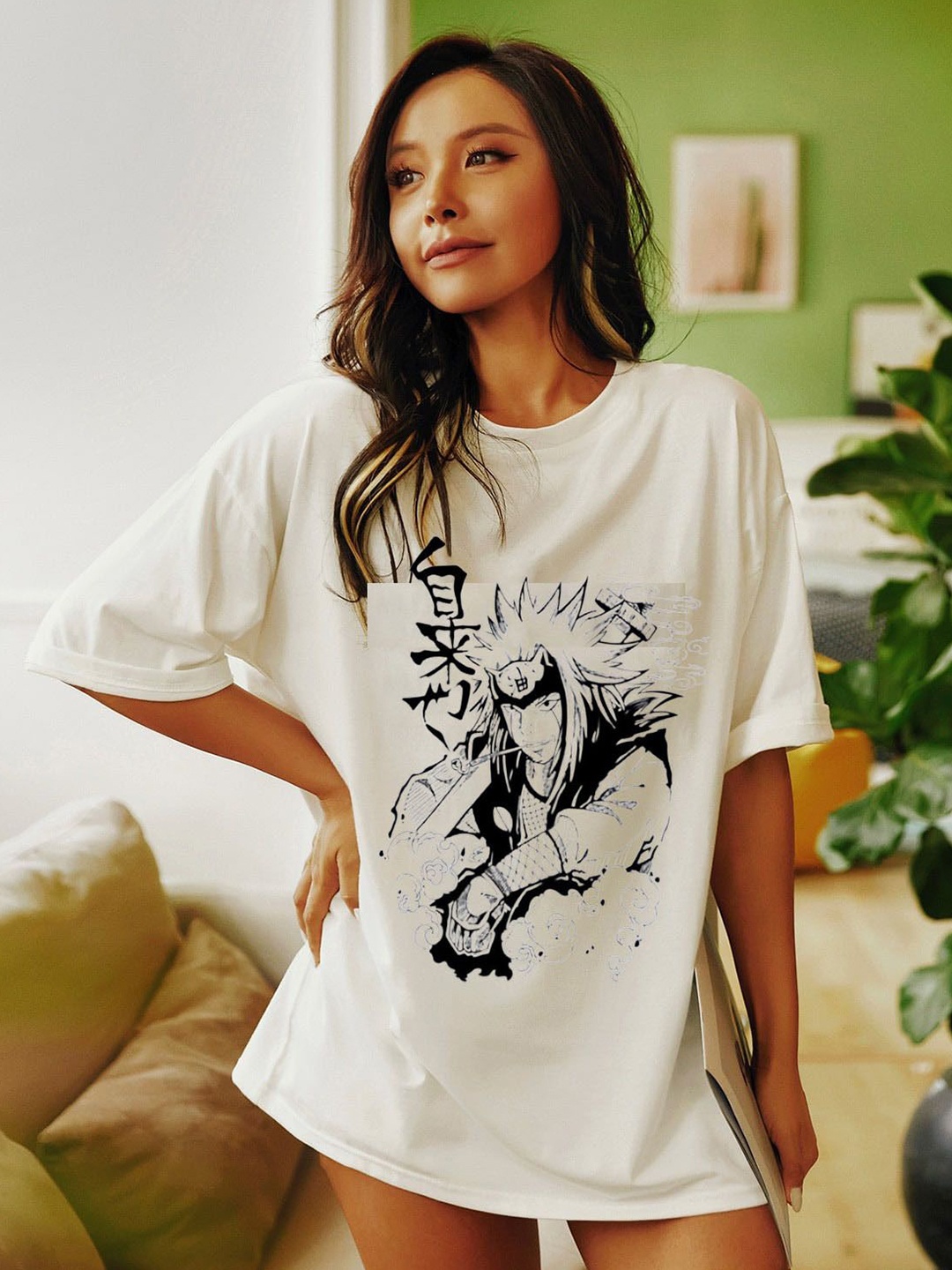 

TRENDY RABBIT Women Graphic Printed Round Neck Cotton Oversized T-shirt, White