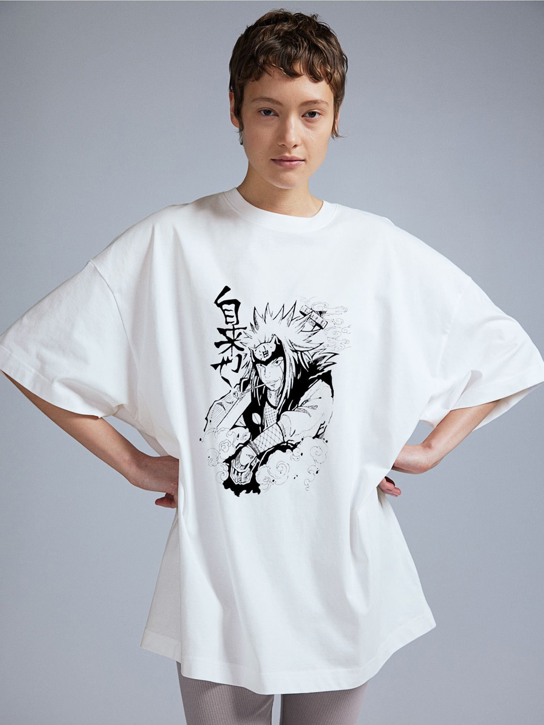 

TRENDY RABBIT Graphic Anime Printed Round Neck Cotton Oversized T-shirt, White