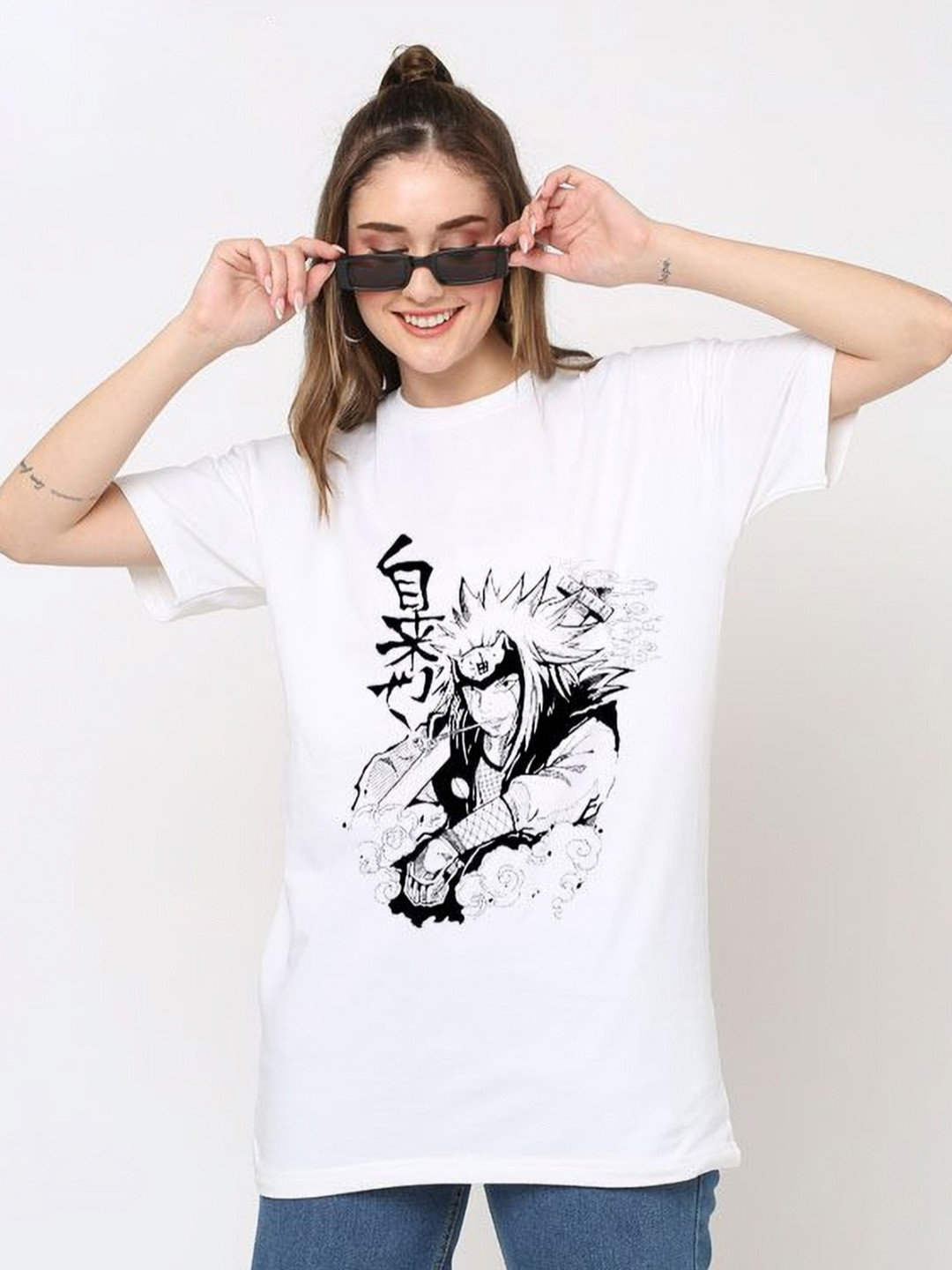 

TRENDY RABBIT Women Graphic Printed Round Neck Cotton Oversized T-shirt, White