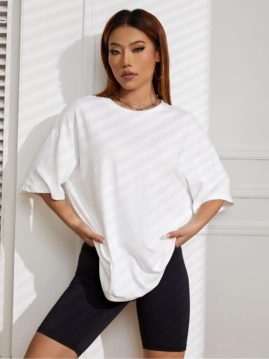 

TRENDY RABBIT Women Solid Round Neck Cotton Oversized T-shirt, White
