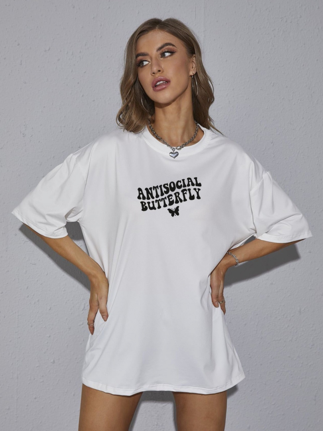 

TRENDY RABBIT Women People and Places Printed Round Neck Cotton Oversized T-shirt, White