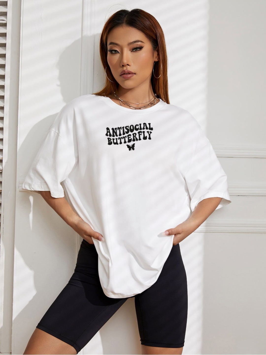 

TRENDY RABBIT Women Typography Printed Round Neck Cotton Oversized T-shirt, White