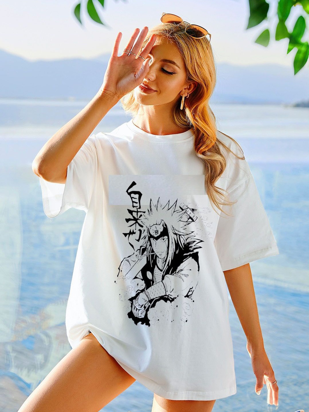 

TRENDY RABBIT Women Graphic Printed Round Neck Cotton Oversized T-shirt, White