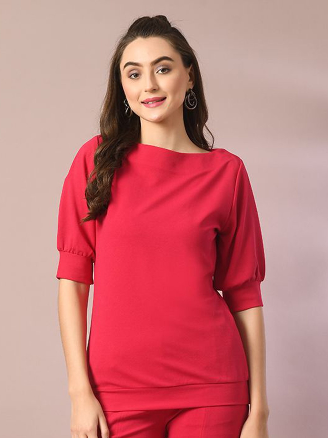 

The Roadster Life Co. Women Solid Boat Neck Polyester Top, Pink