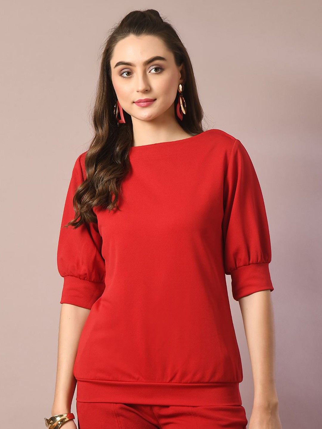 

The Roadster Life Co. Women Solid Boat Neck Polyester Top, Red