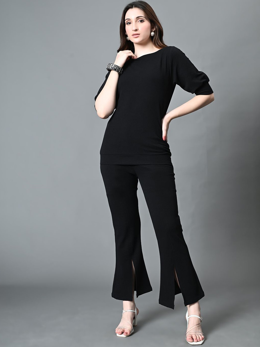 

The Roadster Lifestyle Co. Black Boat Neck Top With Trousers