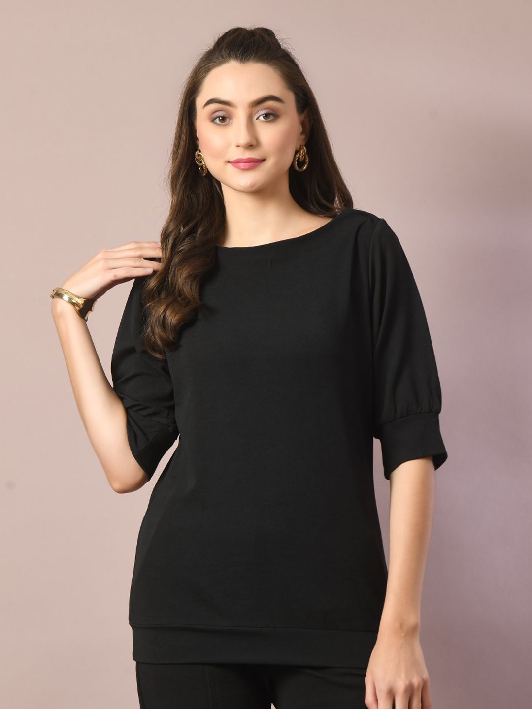 

The Roadster Life Co. Women Solid Boat Neck Polyester Top, Black
