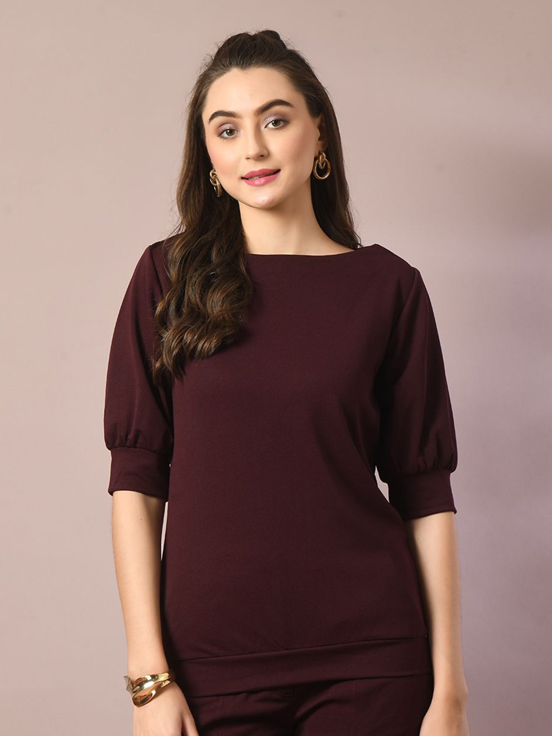 

The Roadster Life Co. Women Solid Boat Neck Polyester Top, Coffee brown