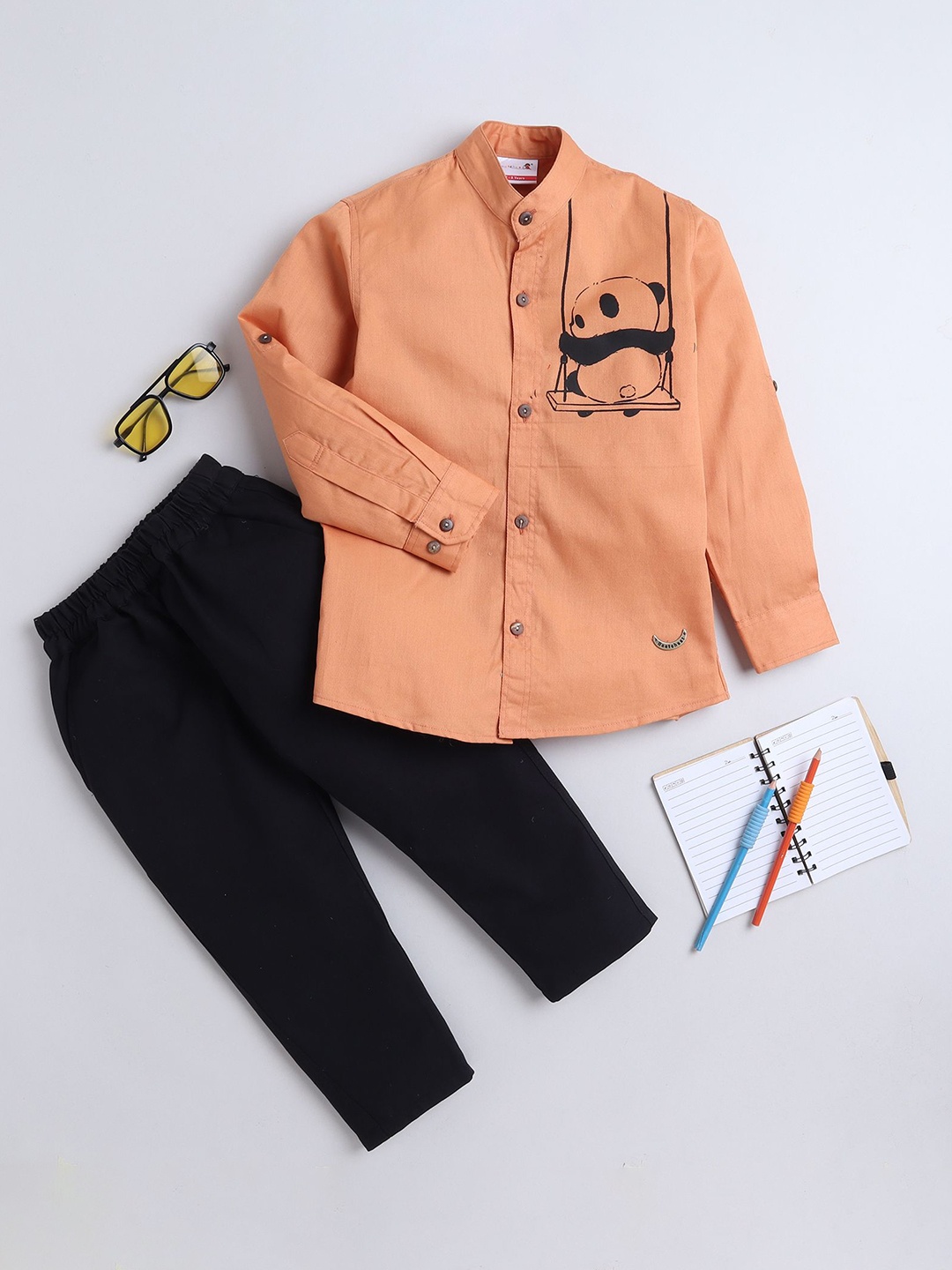 

BAATCHEET Kids Printed Mandarin Collar Pure Cotton Shirt with Trousers, Orange